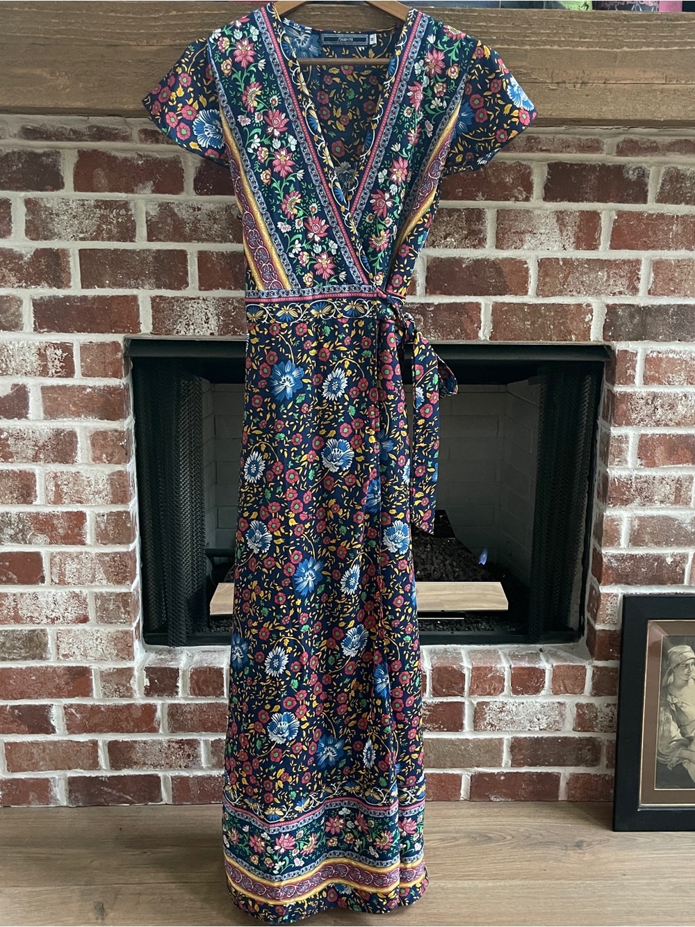 Floral Navy Wrap Maxi Dress with Multi-Color Floral Print Sz M